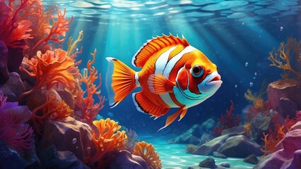 Fototapeta premium Bright Illustration of a Tropical Fish Swimming Against a Background of Colorful Coral in Clear Ocean Waters