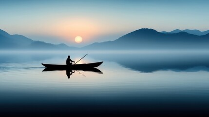 A lone fisherman rows across a tranquil lake at dawn, framed by misty mountains and a glowing sun, epitomizing solitude and peaceful reflection.