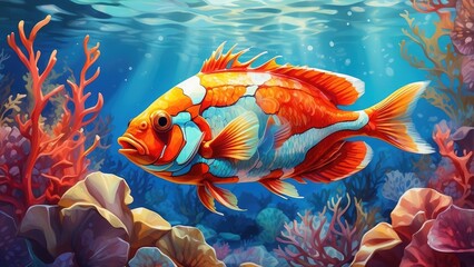 Naklejka premium Bright Illustration of a Tropical Fish Swimming Against a Background of Colorful Coral in Clear Ocean Waters