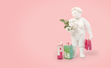Woman standing with shopping bags and flowers on colored background. Female clay sculpture or...