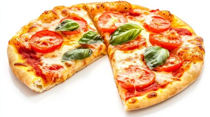 A mouthwatering pizza topped with gooey cheese, fresh tomatoes, and aromatic basil leaves