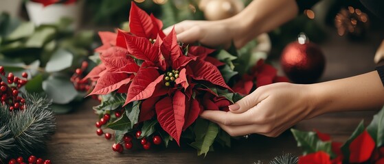 Hands arranging a festive poinsettia centerpiece on a wooden table.