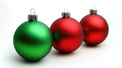 Colorful Christmas ornaments in green and red on a white background.