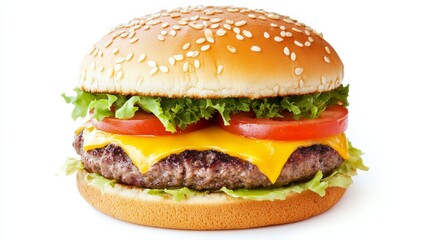 A perfectly cooked cheeseburger with a sesame seed bun, melted cheese, and fresh toppings