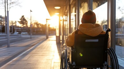 Obraz premium A joyful child in a wheelchair waits at a sunlit bus stop, embraced by warm light and anticipation, reflecting hope and inclusivity.