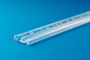 Transparent Plastic Ruler on Solid Blue Background with Precise Measurement Markings