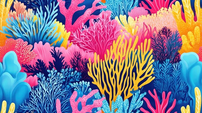 Tropical coastal seamless pattern featuring vibrant coral reefs and underwater kelp perfect for summer beach textile designs