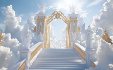 staircase and gate in heaven in the clouds, symbol of paradise