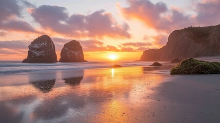 Coastal Rocks Reflecting Sunset Ocean Scene