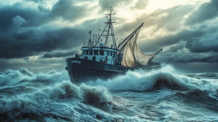 Stormy seas challenge a fishing boat ocean waves nature photography dramatic weather seascape resilience and adventure