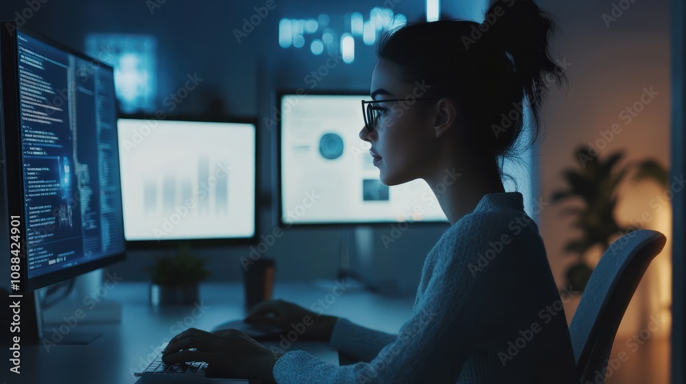 Poster close up of digital marketing employee using computers at working space