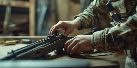 A soldier expertly assembles a modern firearm in a rustic workshop. The setting is atmospheric and evokes a sense of craftsmanship. Focus on tools and military precision. AI