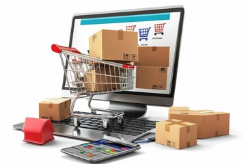 Online shopping with boxes and a cart.