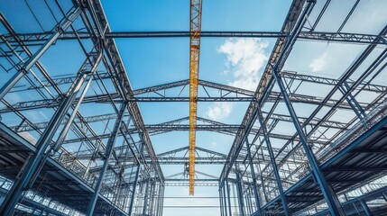 Steel structure under construction. Ideal for industrial, construction, and engineering projects.