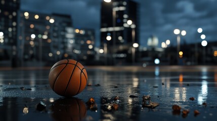 A lone basketball sits on a glossy wet court illuminated by city lights, capturing a serene yet dynamic urban nightscape.