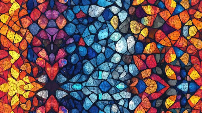 Colorful stained glass pattern creating a seamless design reflecting themes of imagination and creativity in artistic backgrounds