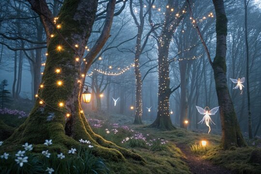 night in the forest magical lights