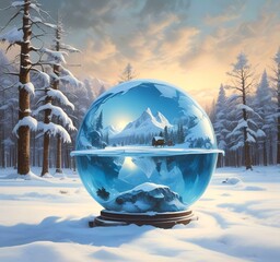 Illustration of winter landscape in frozen earth globe.