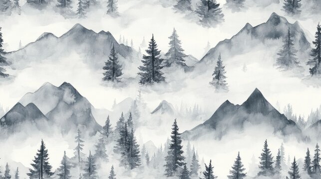 Watercolor seamless pattern of tranquil gray mountains and pine tree forests ideal for relaxation and meditation