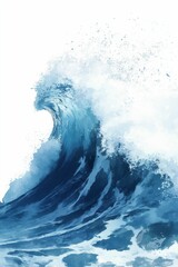 Blue watercolor wave crashing on white background.