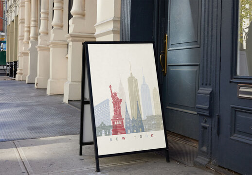 Blank Sidewalk A-frame Sign Outside a Building in New York. PSD Mockup Template