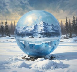 Illustration of winter landscape in frozen earth globe.