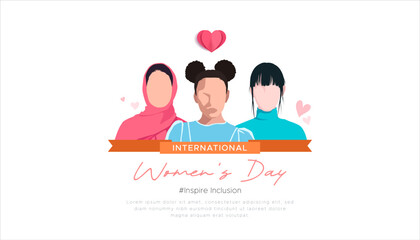 concept design commemorating international women's day, inspiring inclusion. The design features illustrations of women from various races and countries