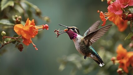 Fototapeta premium A hummingbird consuming nectar while hovering in midair-