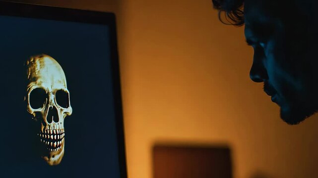 Man in silhouette facing eerie skull on computer screen at night