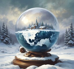 Illustration of winter landscape in frozen earth globe.
