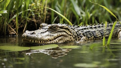 Fototapeta premium In the mangrove sections of the Gardens of the Queens Marine Reserve in Cuba, a Cuban crocodile is swimming beside sea grass.-