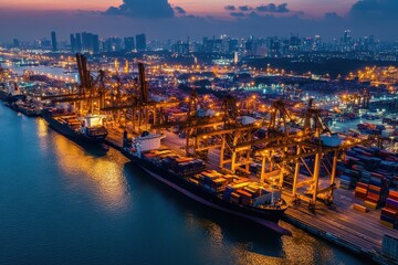 Fototapeta premium A vibrant port at dusk, showcasing cargo ships and cranes illuminated by city lights.