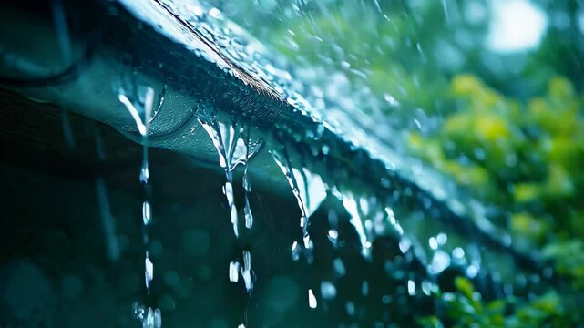 Rainwater cascading from a roof gutter in lush greenery
