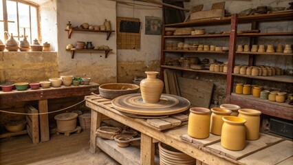 Traditional pottery workshop with handmade ceramics