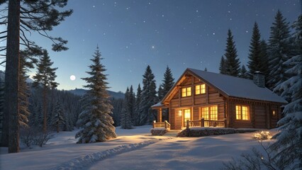 Fototapeta premium Cozy winter cabin glowing under a starry night sky