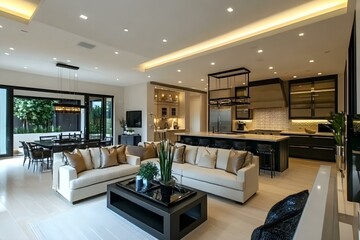 Fototapeta premium Contemporary Open Living Room Kitchen Blend with Chic Decor