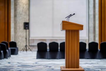 Obraz premium Wooden podium, microphones, empty chairs, conference room.
