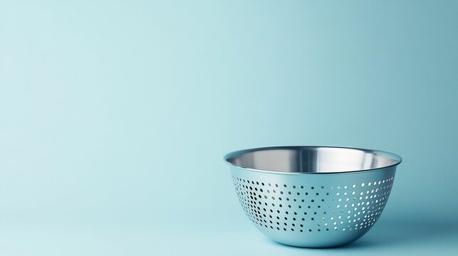 Polished Stainless Steel Colander Against Light Blue Background