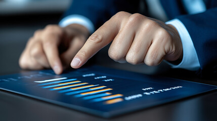 Investing mistake fail business and volatility Concept, A businessman interacts with a digital tablet displaying colorful data visualizations, emphasizing technology and analytics.
