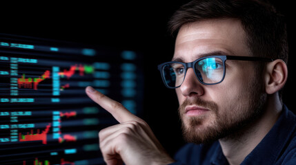 Investing mistake fail business and volatility Concept, A focused professional analyzes digital data on a screen, indicating insights with a thoughtful expression in a dimly lit environment.