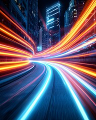 Obraz premium Dynamic cityscape with light trails at night