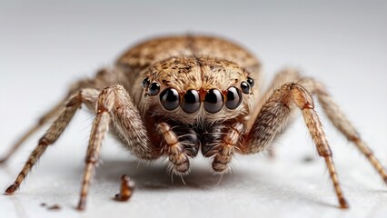 Fototapeta premium A close-up of the eyes of a house spider on a white backdrop, emphasizing its