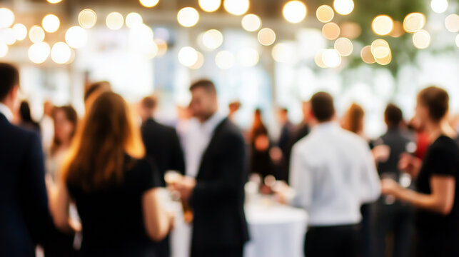 Corporate Event Lights: Blurred lights and people mingling at a business event. 