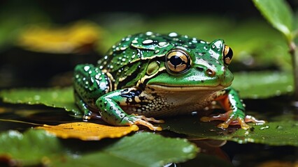 A colorful close-up of an emerald green frog sitting on a shimmering wet