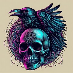 Neon skull with raven, geometric patterns.