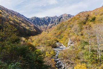 谷川岳／紅葉した秋のマチガ沢／日本群馬県利根郡みなかみ町