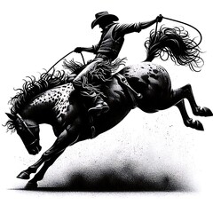 Black and white illustration of a cowboy riding a bucking bronco, dynamic action pose, dust and motion.
