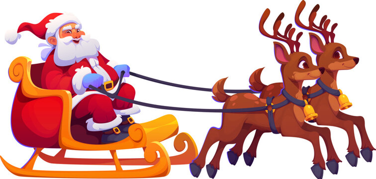 Cartoon Santa Claus rides a festive sleigh pulled by two reindeer, spreading holiday cheer on his Christmas eve journey. Isolated vector cheerful Noel character captures the magic, joy and tradition