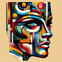 Naklejka premium Abstract geometric portrait of a woman's face in profile, vibrant colors and bold lines.