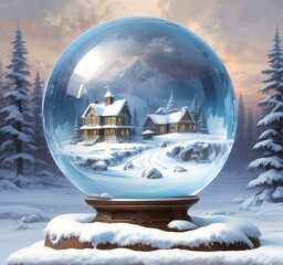 Illustration of winter landscape in frozen earth globe.